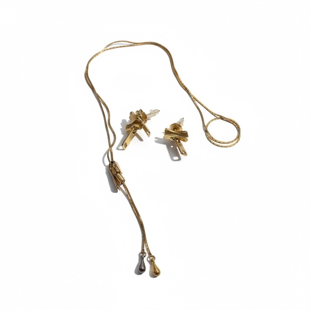 Gold Tone‎ Zipper Pendant Necklace & Zipper Drop Earrings Jewelry Set